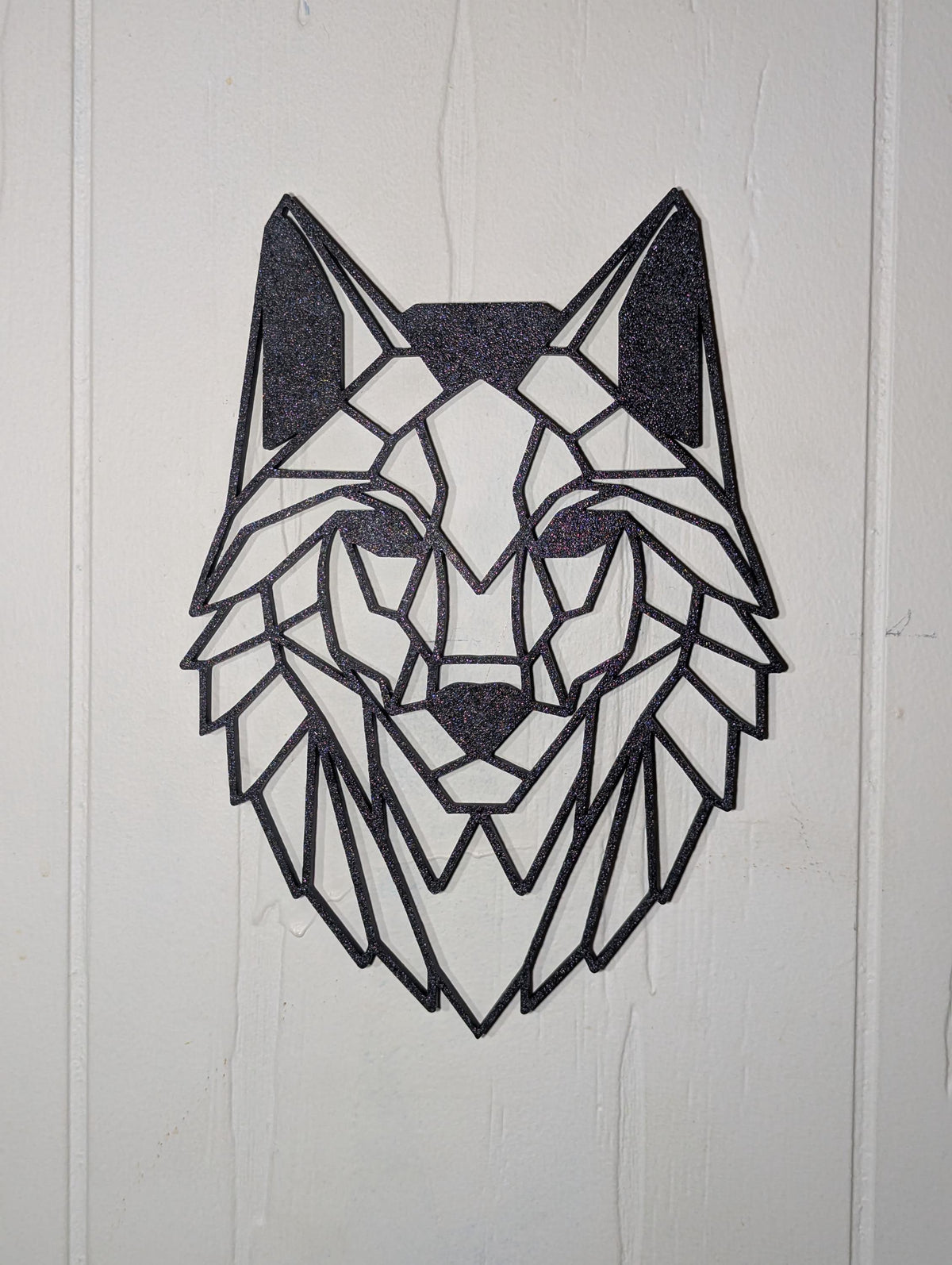 Geometric Wolf Wall Hanging: 1/2" thick relief art, multiple colors, ready to hang, shown in an additional close-up listing view with visible shape and details.