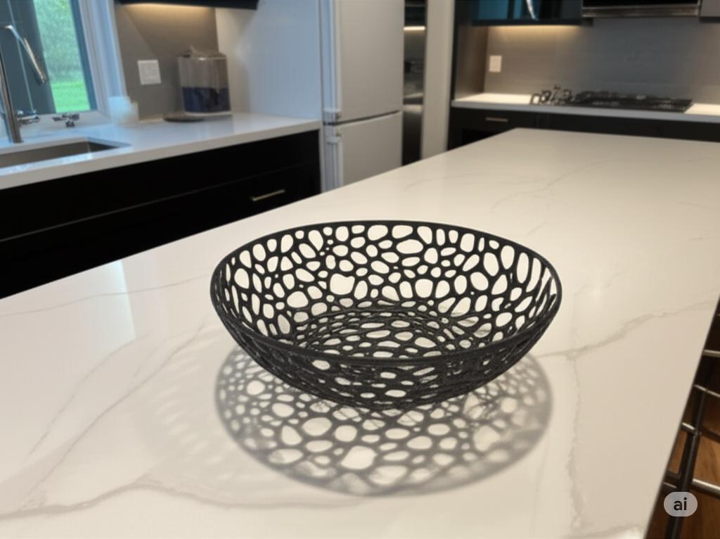 May include: A black, decorative fruit bowl with a unique openwork design. The bowl is round with a wide, shallow shape and sits on a white countertop. The bowl's intricate pattern creates a shadow on the surface below. The kitchen features a window, cabinets, and a stainless steel faucet.