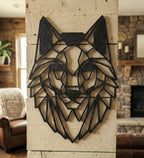 Geometric Wolf Wall Hanging: 1/2" thick relief art, multiple colors, ready to hang, shown in the main close-up listing view with its overall design visible.