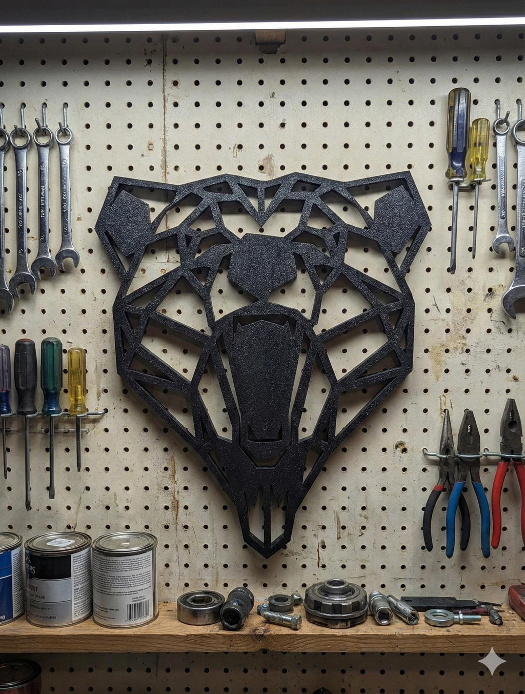 Geometric Bear Head: 1/2" thick relief art, multiple colors, ready to hang, shown in an additional close-up listing view with visible shape and details.