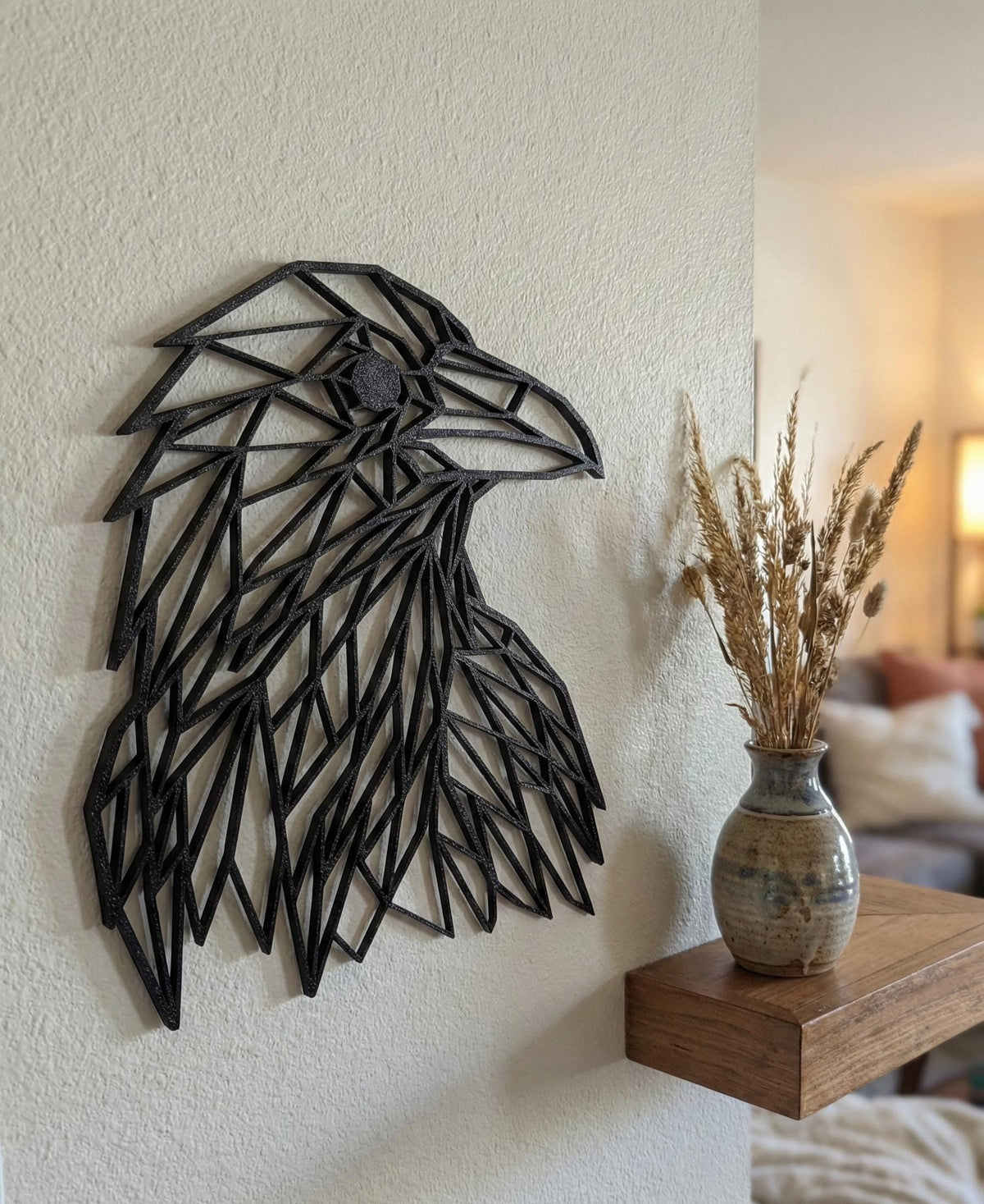 Geometric Raven Wall Art: 1/2" thick relief art, multiple colors, ready to hang, shown in the main close-up listing view with its overall design visible.