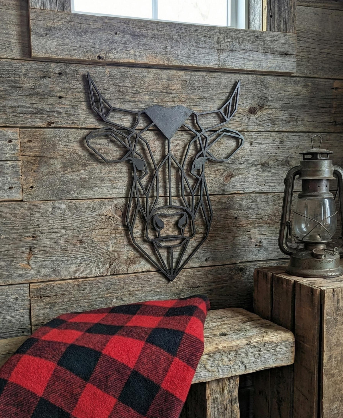 Geometric Bull Wall Art: 1/2" thick relief art, multiple colors, ready to hang, shown in an additional close-up listing view with visible shape and details.