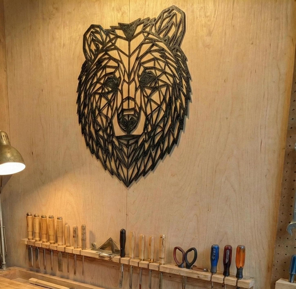 Geometric Bear Head: 1/2" thick relief art, multiple colors, ready to hang, shown in the main close-up listing view with its overall design visible.