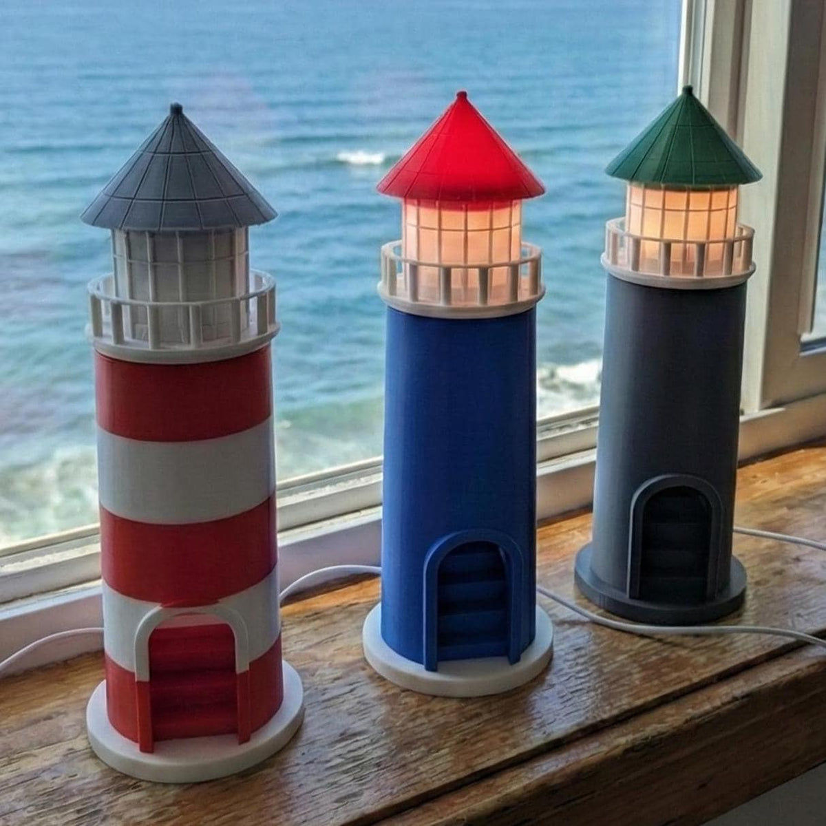 Modern Lighthouse Lamp in Navy Blue and Red