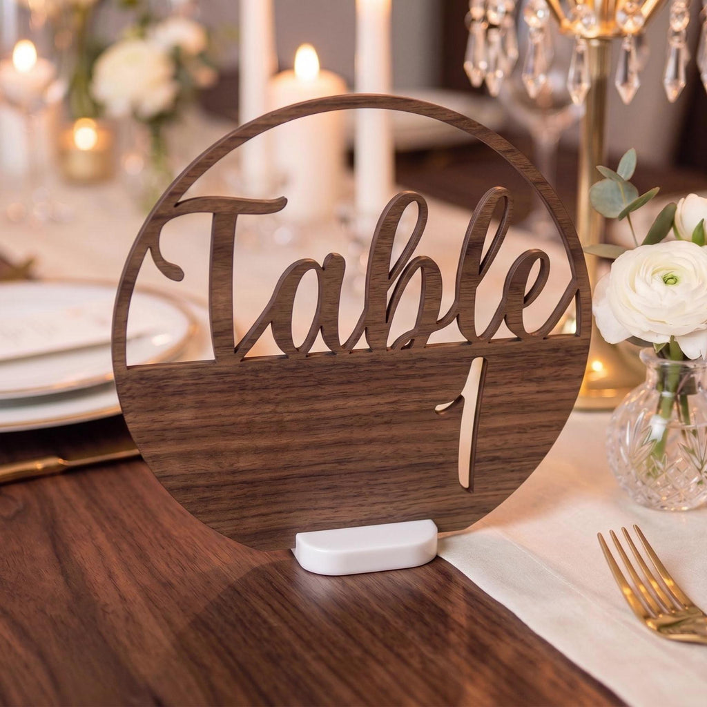 Natural Birch Circular Table Numbers, 6” Free-Standing Minimalist Reception Decor, Multiple Stains avaiable, shown in the main close-up listing view with its overall design visible.