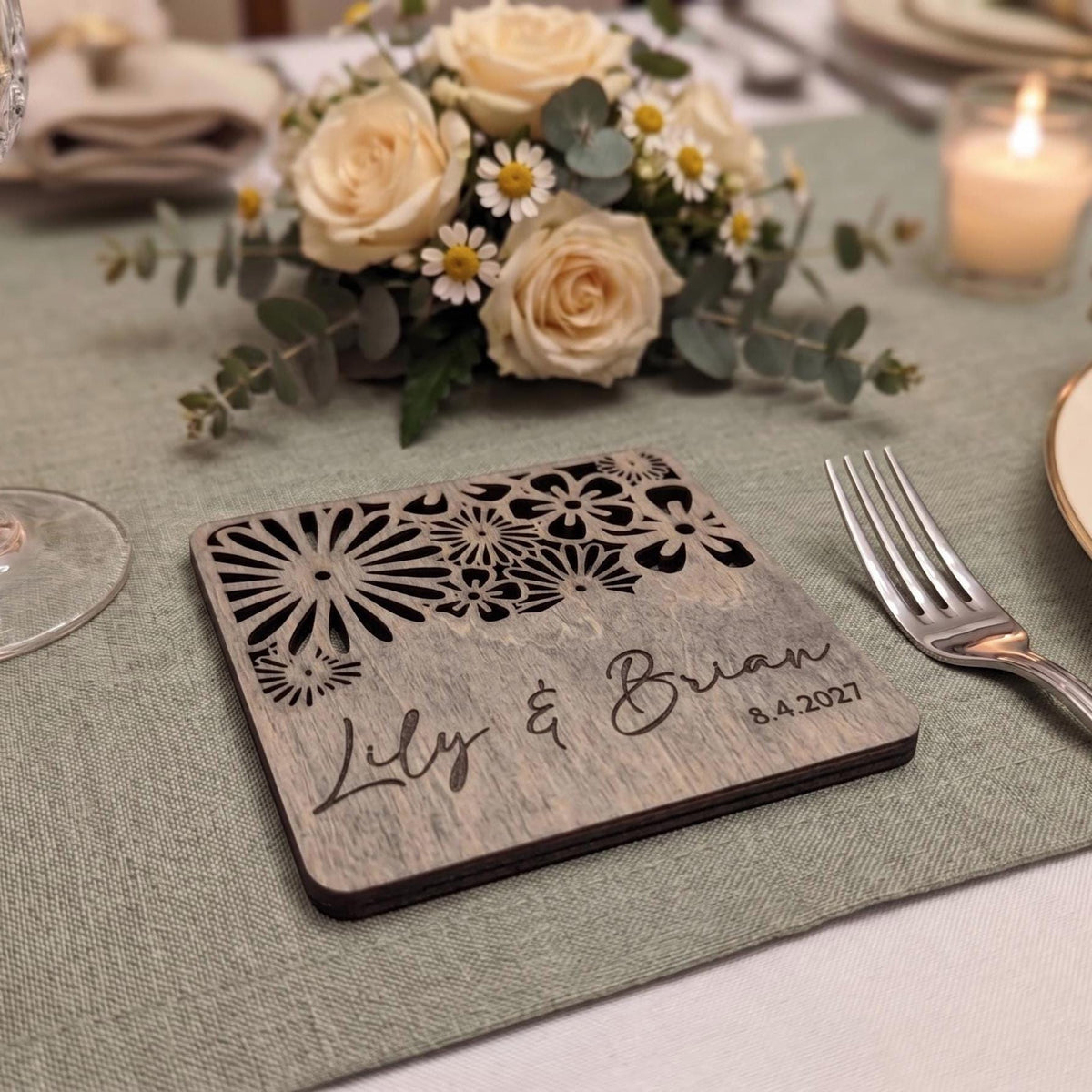 Wildflower Lace Personalized Wooden Wedding Coaster, Laser Cut Floral Design, Custom Name Date Keepsake, shown in the main close-up listing view with its overall design visible.