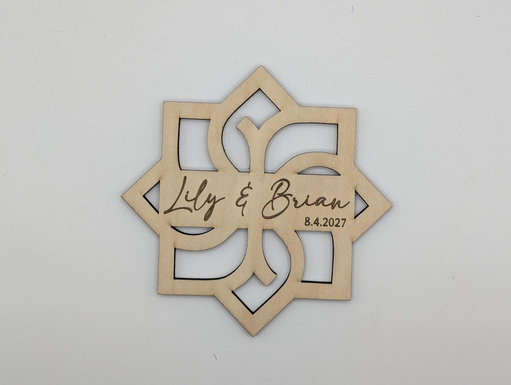 Petal Crest (Style A) Geometric Birch Coaster Gift, Personalized Wedding Coaster, Custom Name & Date Favor, shown in listing image 5 with additional visible details or options.