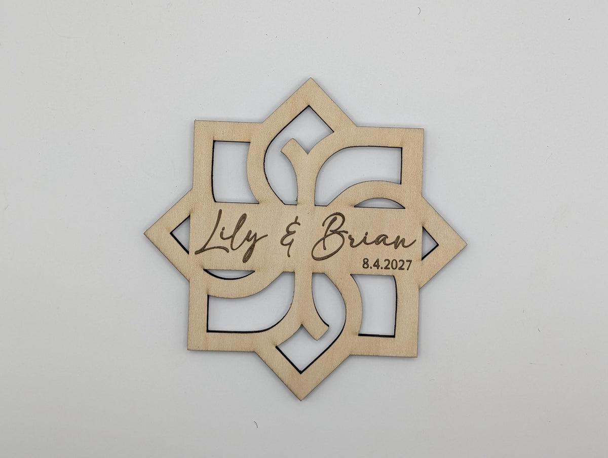 Petal Crest (Style A) Geometric Birch Coaster Gift, Personalized Wedding Coaster, Custom Name & Date Favor, shown in listing image 5 with additional visible details or options.