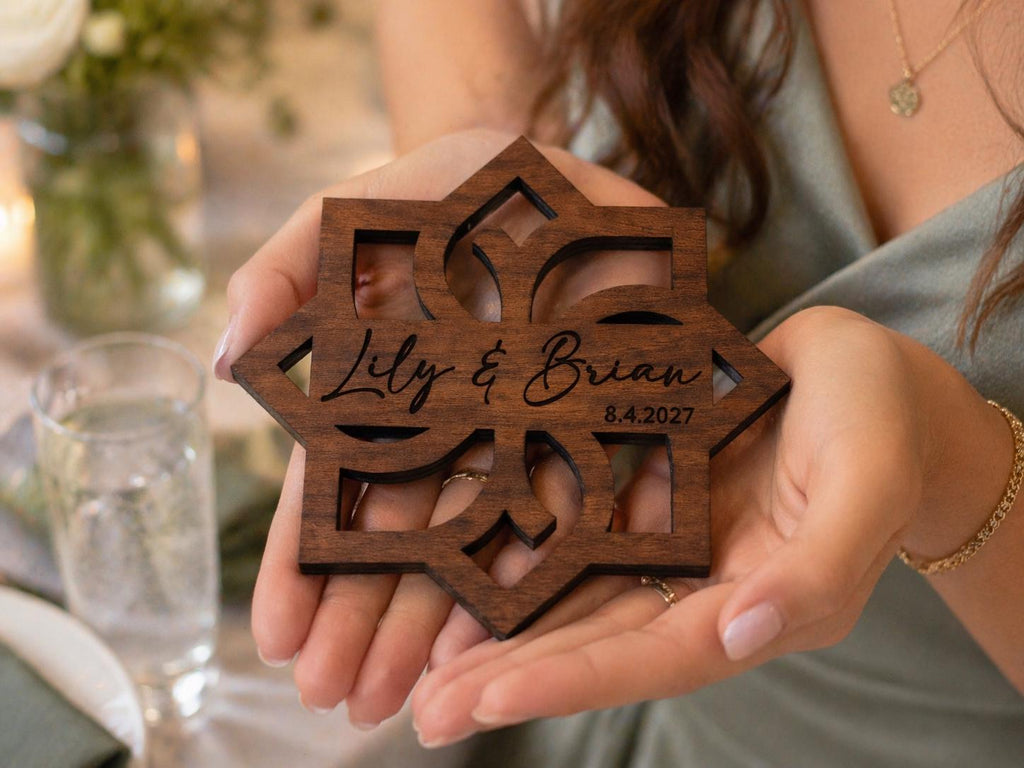Petal Crest (Style A) Geometric Birch Coaster Gift, Personalized Wedding Coaster, Custom Name & Date Favor, shown in the main close-up listing view with its overall design visible.