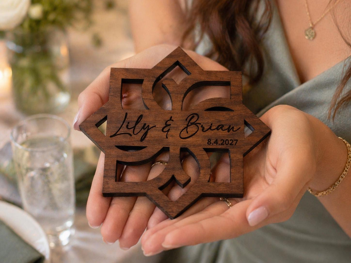 Petal Crest (Style A) Geometric Birch Coaster Gift, Personalized Wedding Coaster, Custom Name & Date Favor, shown in the main close-up listing view with its overall design visible.