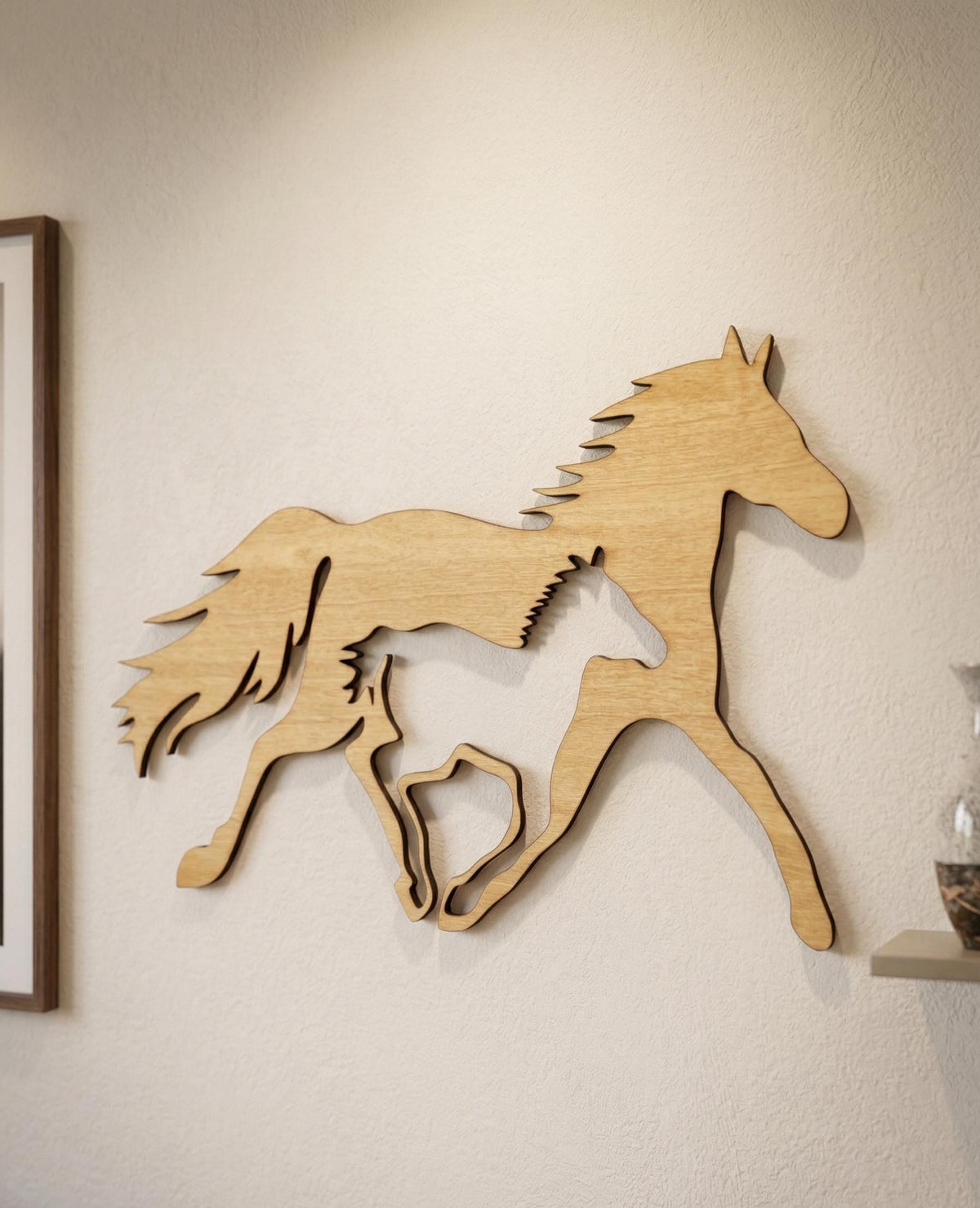 Nested Horse & Foal Birch Wood Wall Art, Minimalist Animal Silhouette Decor, shown in an additional close-up listing view with visible shape and details.