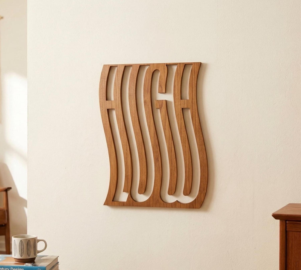 High-Low Rhythm: Typographic Illusion Wall Art, Floating Birch Wood Decor, Minimalist Modern Sign, Laser Cut Wood Art, shown in an additional close-up listing view with visible shape and details.