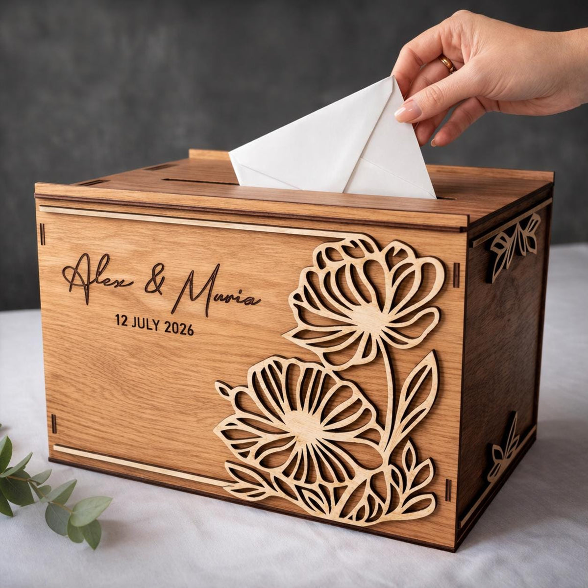Floral Wedding Card Box 11.8x7.9x8.1 Teak Stained Birch Personalized Card Holder, shown in the main close-up listing view with its overall design visible.