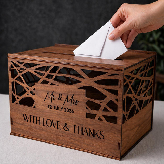 Woodland Personalized Wedding Card Box 11.8x7.9x8.1 Birch Walnut Stain, shown in the main close-up listing view with its overall design visible.
