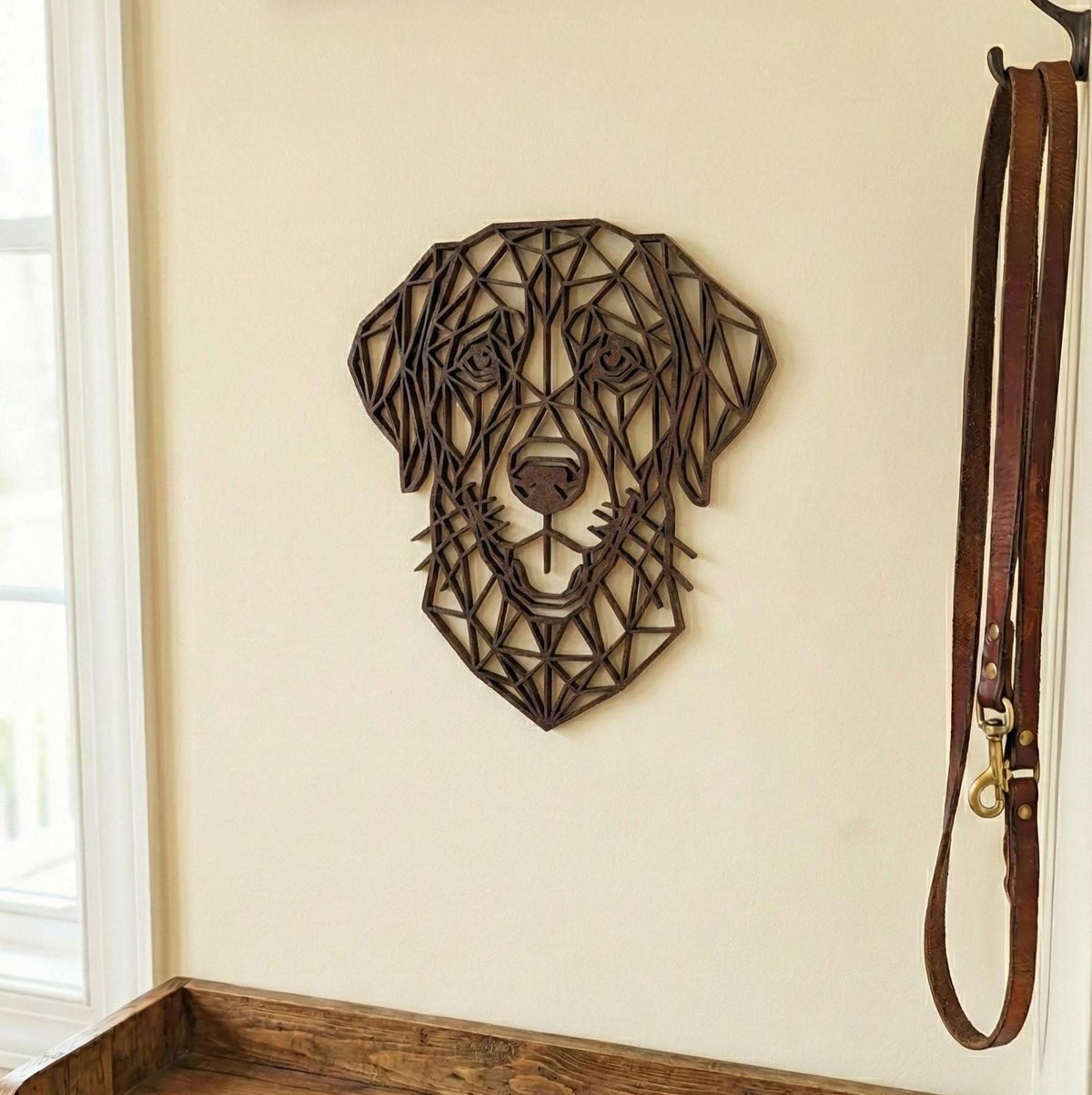 Geometric Labrador\Golden Retriever Wall Art: 1/2" thick relief art, multiple colors, ready to hang, shown in the main close-up listing view with its overall design visible.