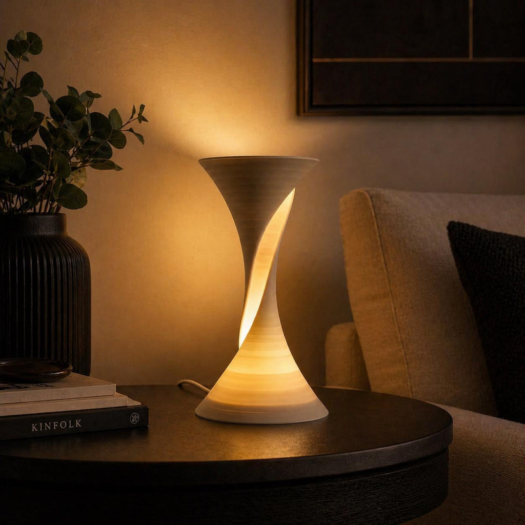 Aurelia Twist Lamp – Sculptural Accent Light, Dimmable USB or Tea Light Glow, shown in the main close-up listing view with its overall design visible.