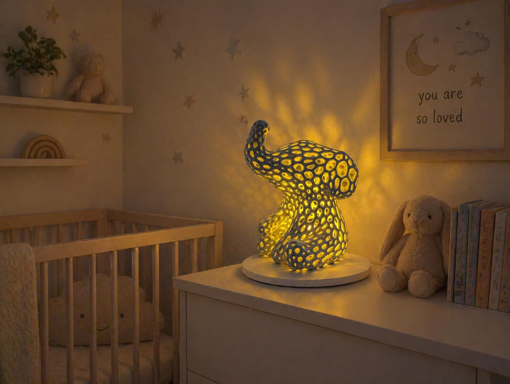 Voronoi Elephant Accent Lamp: Modern Nursery Decor, Whimsical Desk Lamp, shown in the main close-up listing view with its overall design visible.