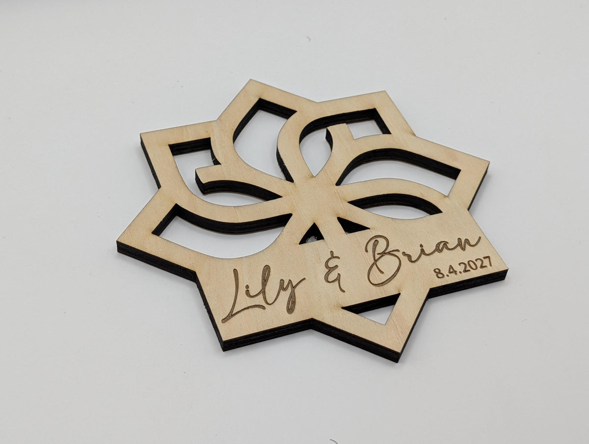 Petal Crest (Style B) Personalized Wedding Coaster, Custom Name & Date Favor, Geometric Birch Coaster Gift, shown in listing image 5 with additional visible details or options.