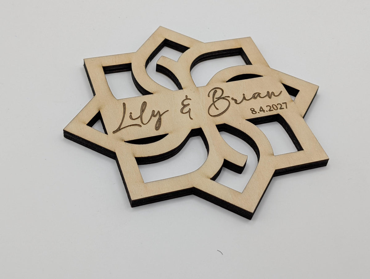 Petal Crest (Style A) Geometric Birch Coaster Gift, Personalized Wedding Coaster, Custom Name & Date Favor, shown in listing image 4 with additional visible details or options.