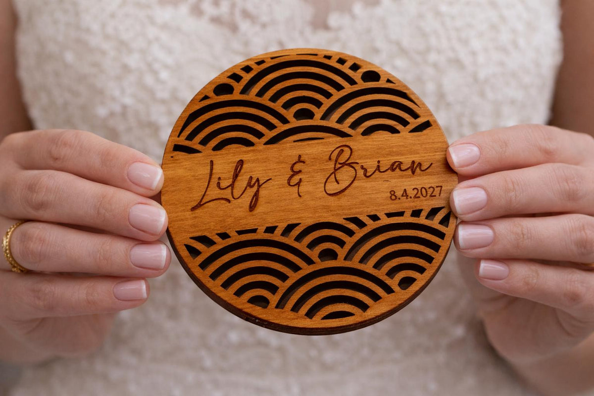 Seigaiha Waves Wedding Coaster (Style C) – Personalized Name & Date Favor, shown in the main close-up listing view with its overall design visible.