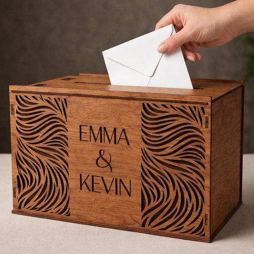 Aurora Personalized Wedding Card Box 11.8x7.9x8.1 Birch Wood Card Holder Walnut Finish, shown in the main close-up listing view with its overall design visible.