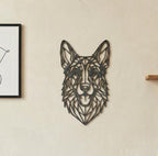 Geometric German Shepherd Wall Art: 1/2" thick relief art, multiple colors, ready to hang, shown in the main close-up listing view with its overall design visible.