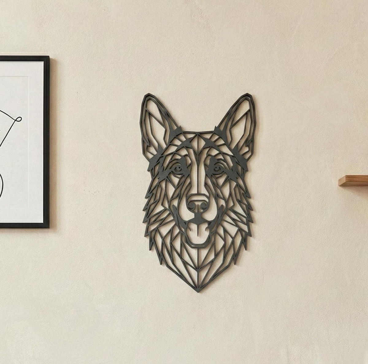 Geometric German Shepherd Wall Art: 1/2" thick relief art, multiple colors, ready to hang, shown in the main close-up listing view with its overall design visible.
