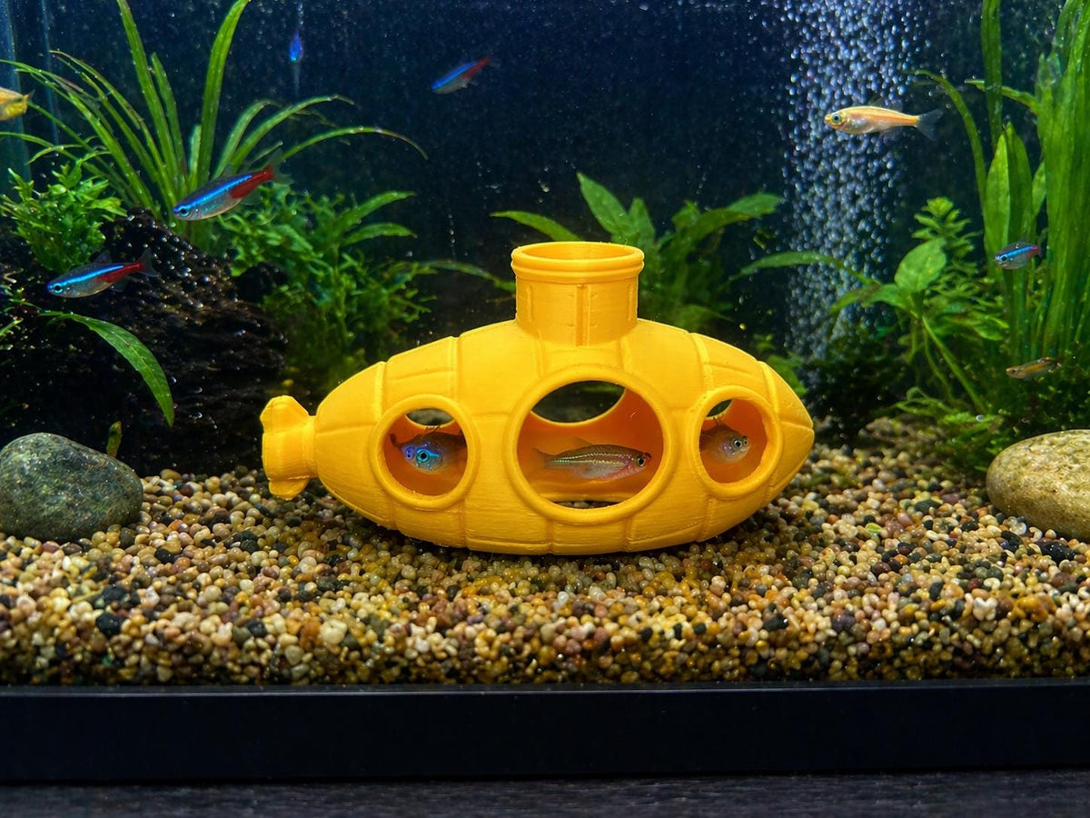 Yellow Submarine Aquarium Decor, Fish Tank Cave Hideout (7 or 12 Inch), shown in the main close-up listing view with its overall design visible.