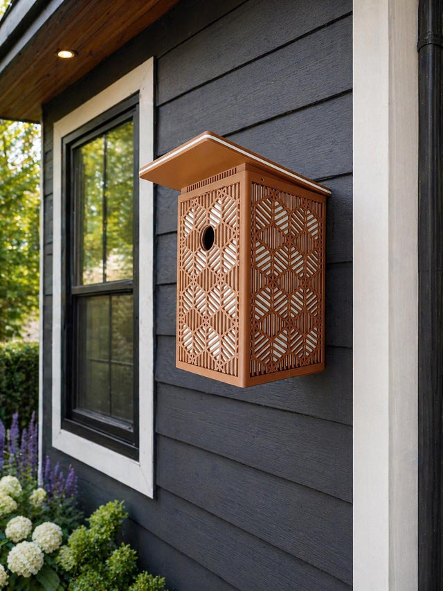 Geometric Birdhouse – Modern Outdoor Garden Decor, Forest Green Backyard Bird Box, shown in the main close-up listing view with its overall design visible.