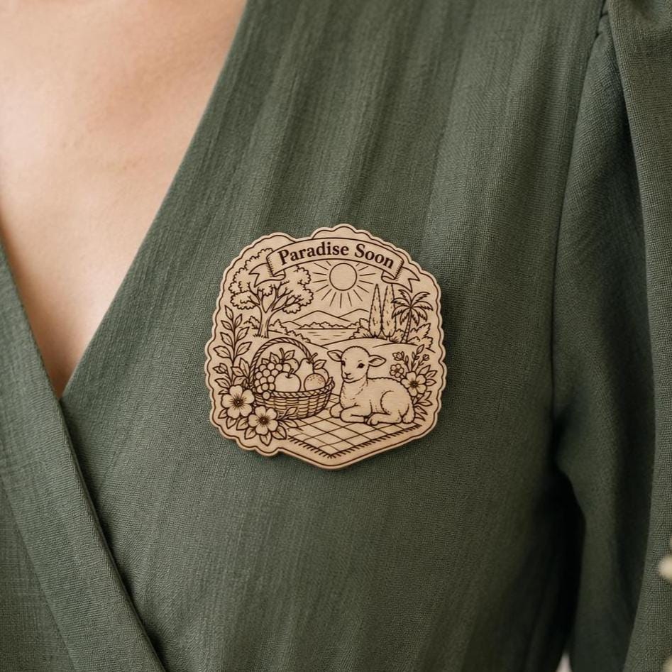 Paradise Soon Birch Pin, JW Picnic Scene Badge, Lamb Fruit Basket Floral Engraved Pin, Convention Gift, Ministry Bag, shown in the main close-up listing view with its overall design visible.