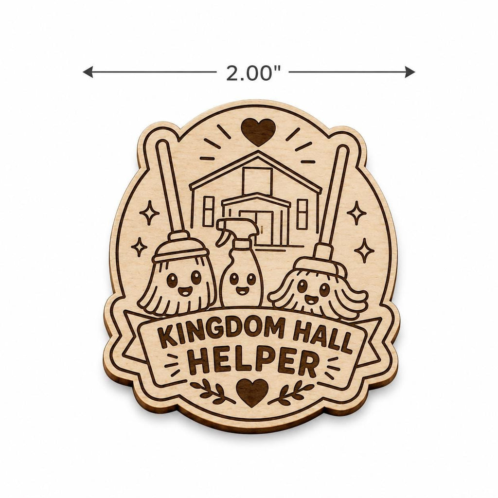 Kingdom Hall Helper Birch Pin, Engraved Cleaning Broom Mop Design, Ministry Bag Accessory, shown in an additional close-up listing view with visible shape and details.
