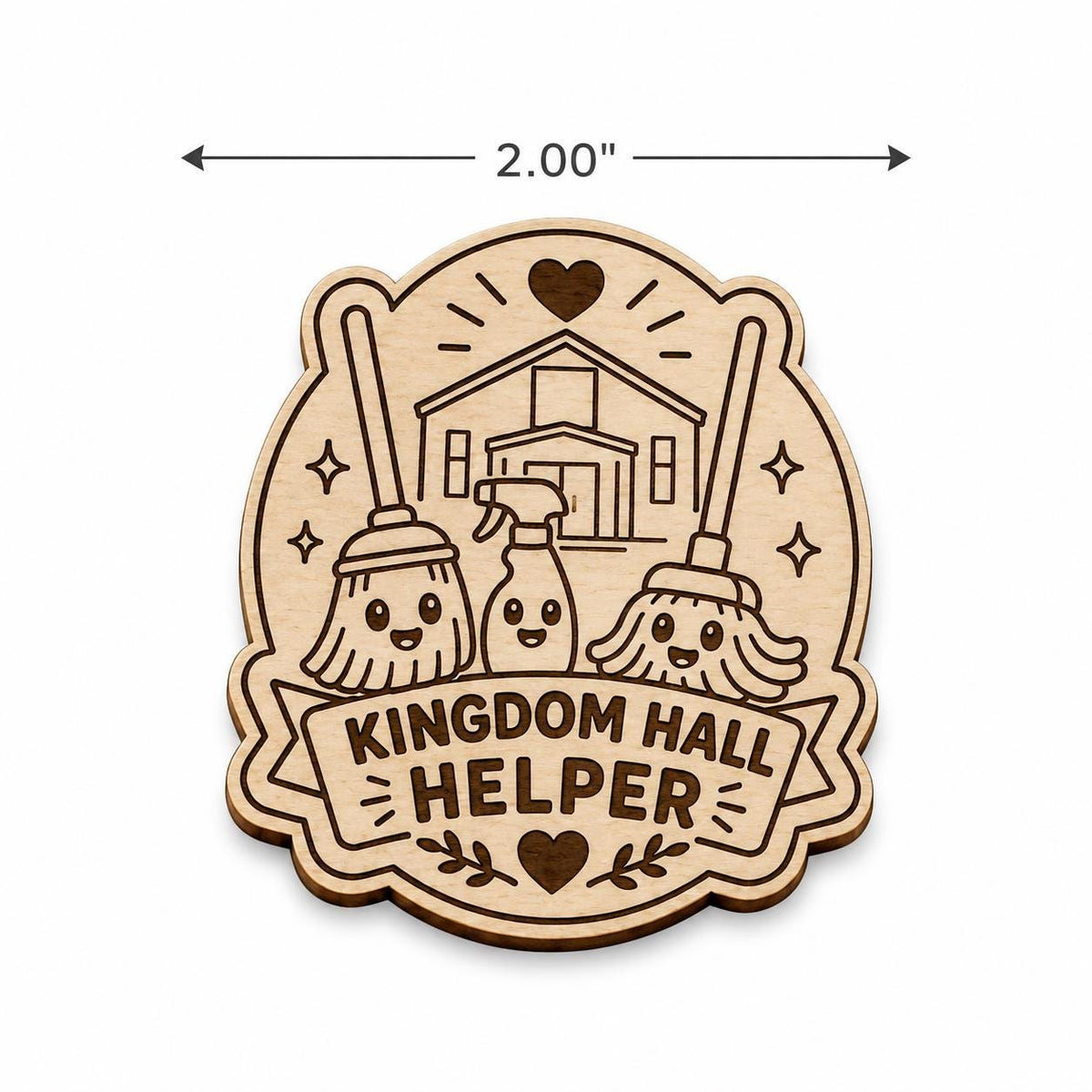 Kingdom Hall Helper Birch Pin, Engraved Cleaning Broom Mop Design, Ministry Bag Accessory, shown in an additional close-up listing view with visible shape and details.