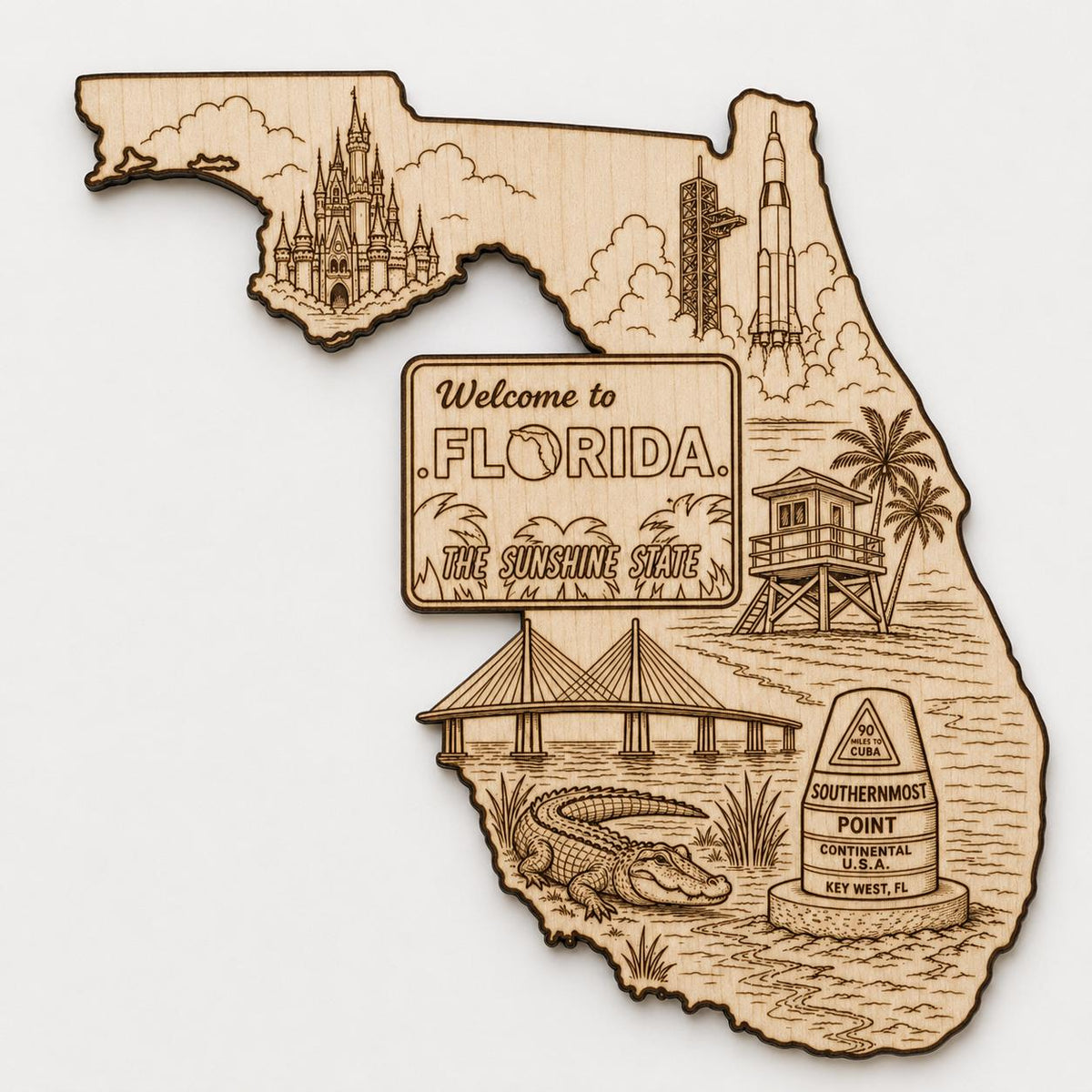 Front close-up of Engraved Birch Florida Map Wall Art Sunshine State Decor Florida Gift Souvenir, showing dark engraving on natural birch wood.