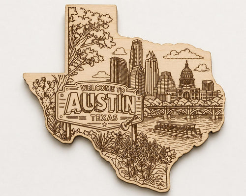 Front close-up of Austin Texas Skyline Engraved Wood Sign Texas State Wall Art Rustic Decor, showing dark engraving on natural birch wood.