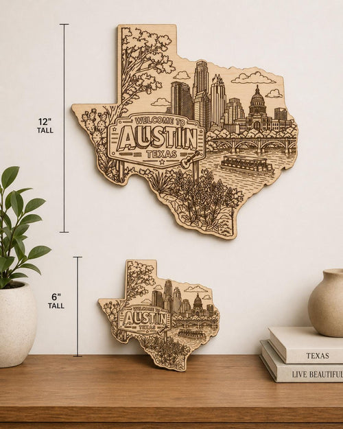 Additional view of Austin Texas Skyline Engraved Wood Sign Texas State Wall Art Rustic Decor, showing the natural birch grain and engraved artwork.