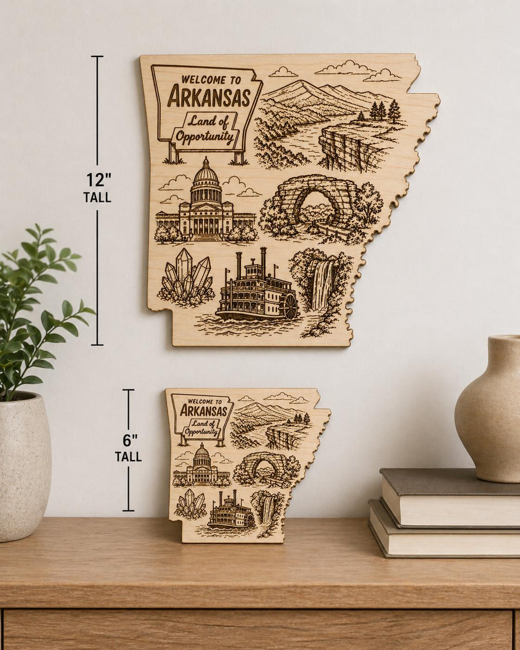 Additional view of Arkansas State Outline Wood Art Engraved Landmark Decor, showing the natural birch grain and engraved artwork.