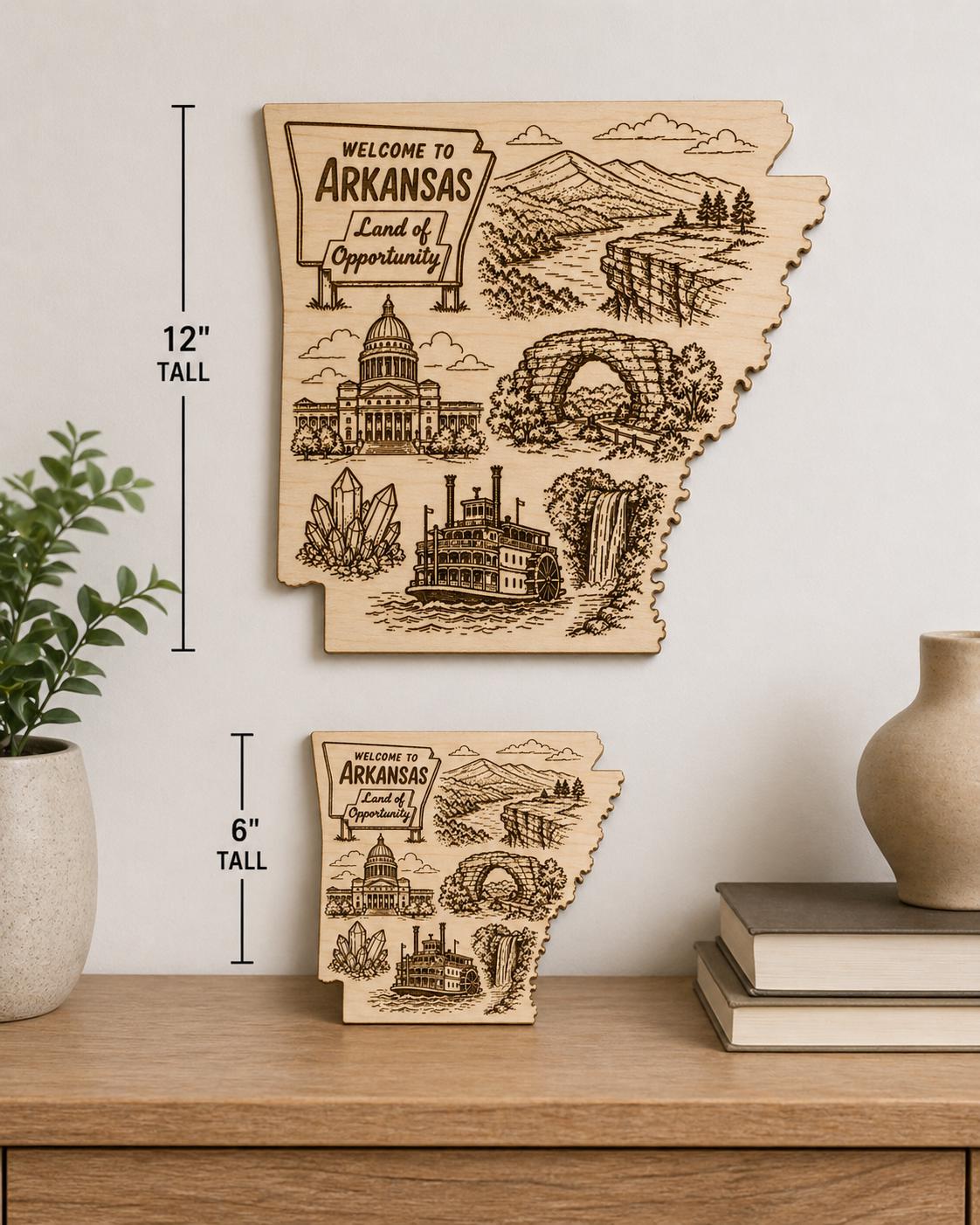 Additional view of Arkansas State Outline Wood Art Engraved Landmark Decor, showing the natural birch grain and engraved artwork.