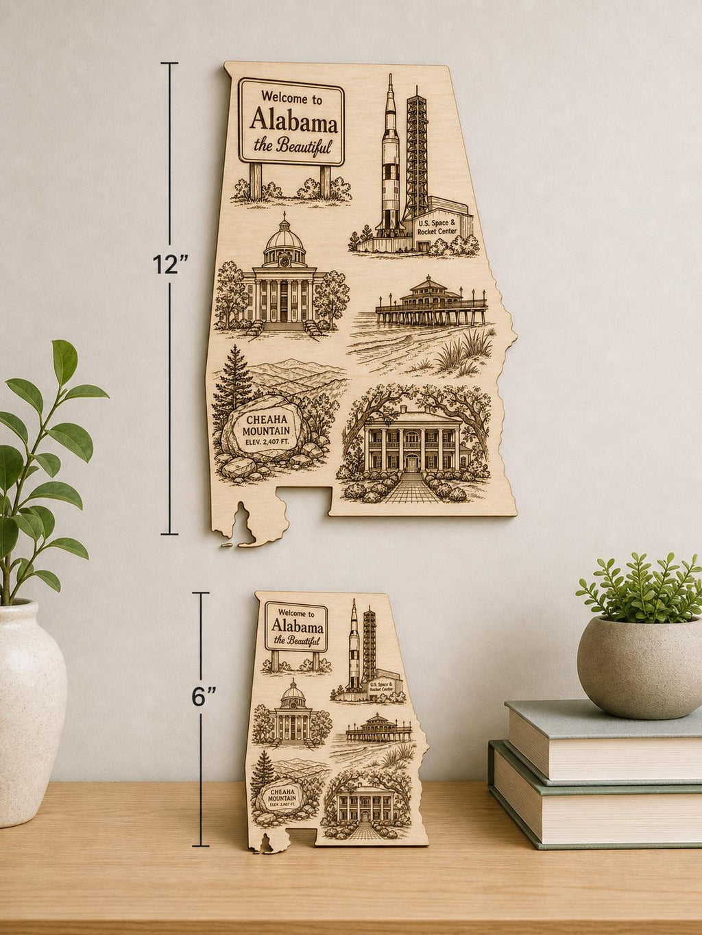 Additional view of Engraved Birch Alabama State Wall Art Landmark Decor Sign multiple sizes, showing the natural birch grain and engraved artwork.