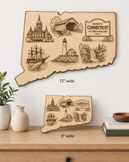 Additional view of Engraved Birch Connecticut State Sign Constitution State Landmarks Wall Art, showing the natural birch grain and engraved artwork.