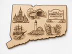 Front close-up of Engraved Birch Connecticut State Sign Constitution State Landmarks Wall Art, showing dark engraving on natural birch wood.