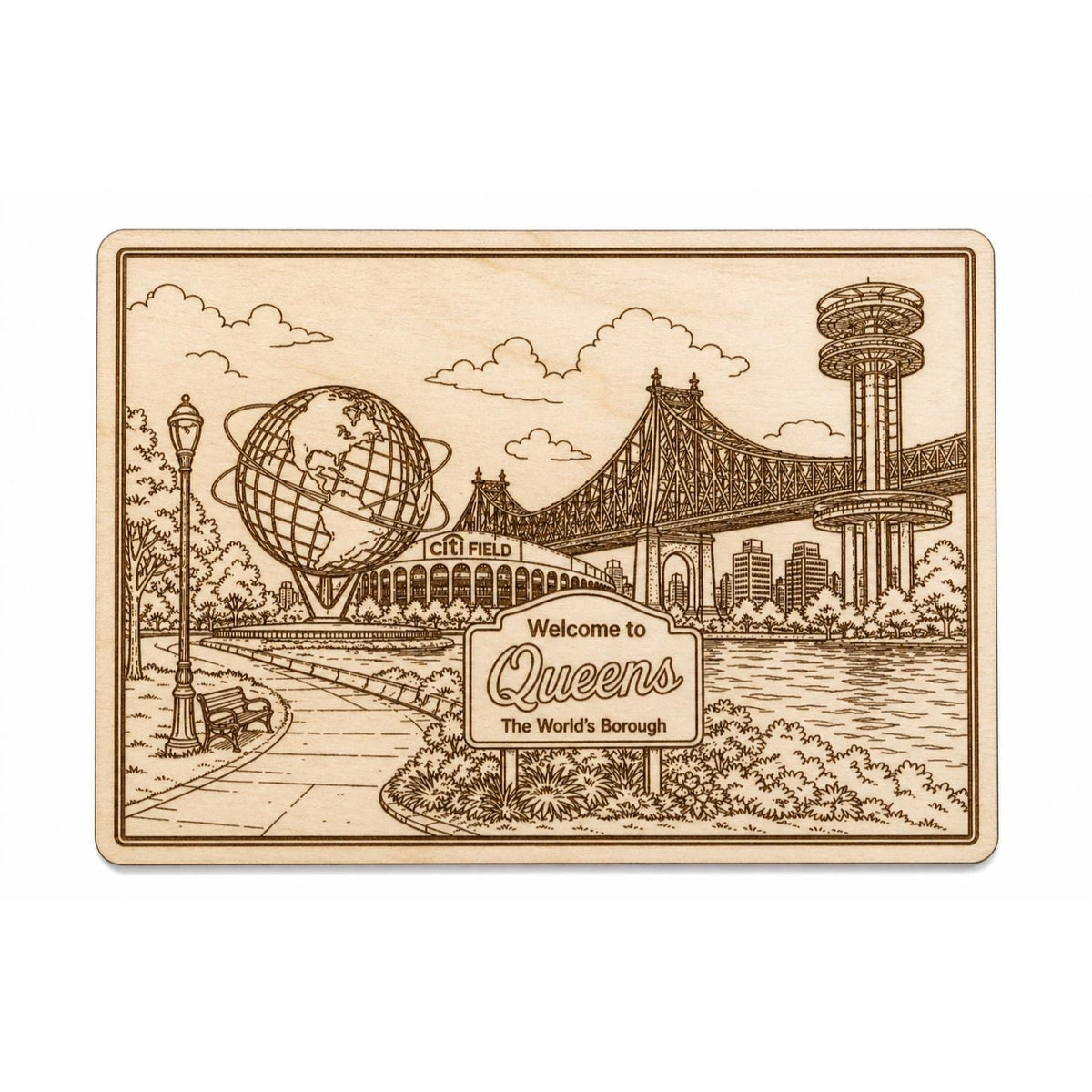 Front close-up of Queens NYC Skyline Art Engraved Wooden Unisphere Citi Field Bridge Scene New York Decor, showing dark engraving on natural birch wood.