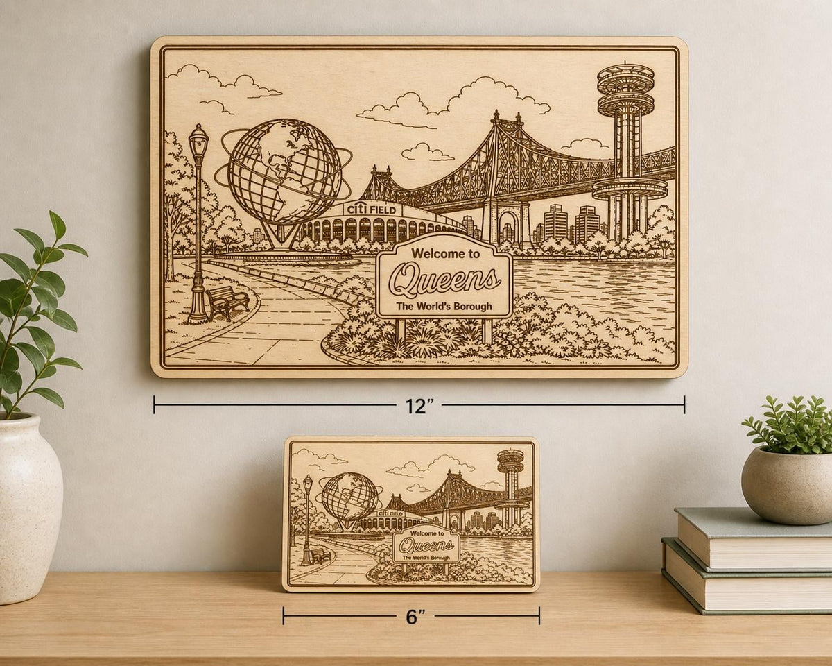 Additional view of Queens NYC Skyline Art Engraved Wooden Unisphere Citi Field Bridge Scene New York Decor, showing the natural birch grain and engraved artwork.