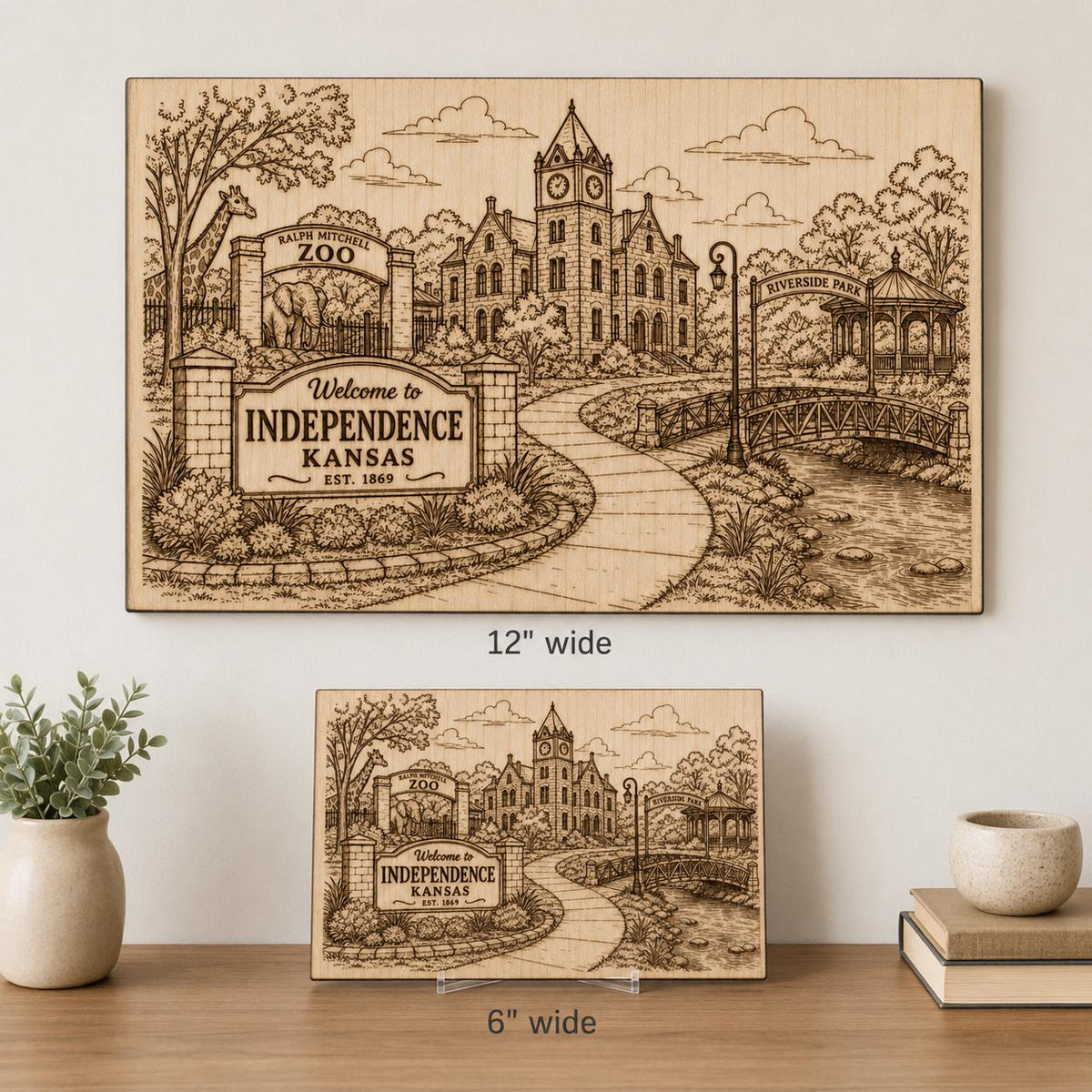 Additional view of Independence Kansas Engraved Birch Wood Sign Riverside Park Zoo Landmark Wall Art, showing the natural birch grain and engraved artwork.