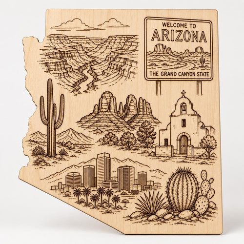 Front close-up of Arizona State Engraved Birch Wood Wall Art Grand Canyon Desert Landscape Plaque, showing dark engraving on natural birch wood.