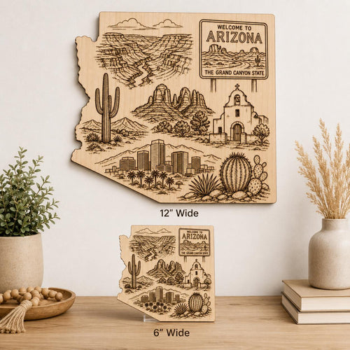 Additional view of Arizona State Engraved Birch Wood Wall Art Grand Canyon Desert Landscape Plaque, showing the natural birch grain and engraved artwork.