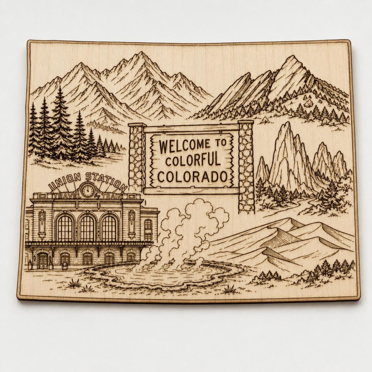 Front close-up of Colorado Engraved Birch Wood Wall Art Mountain Landscape Travel Sign, showing dark engraving on natural birch wood.