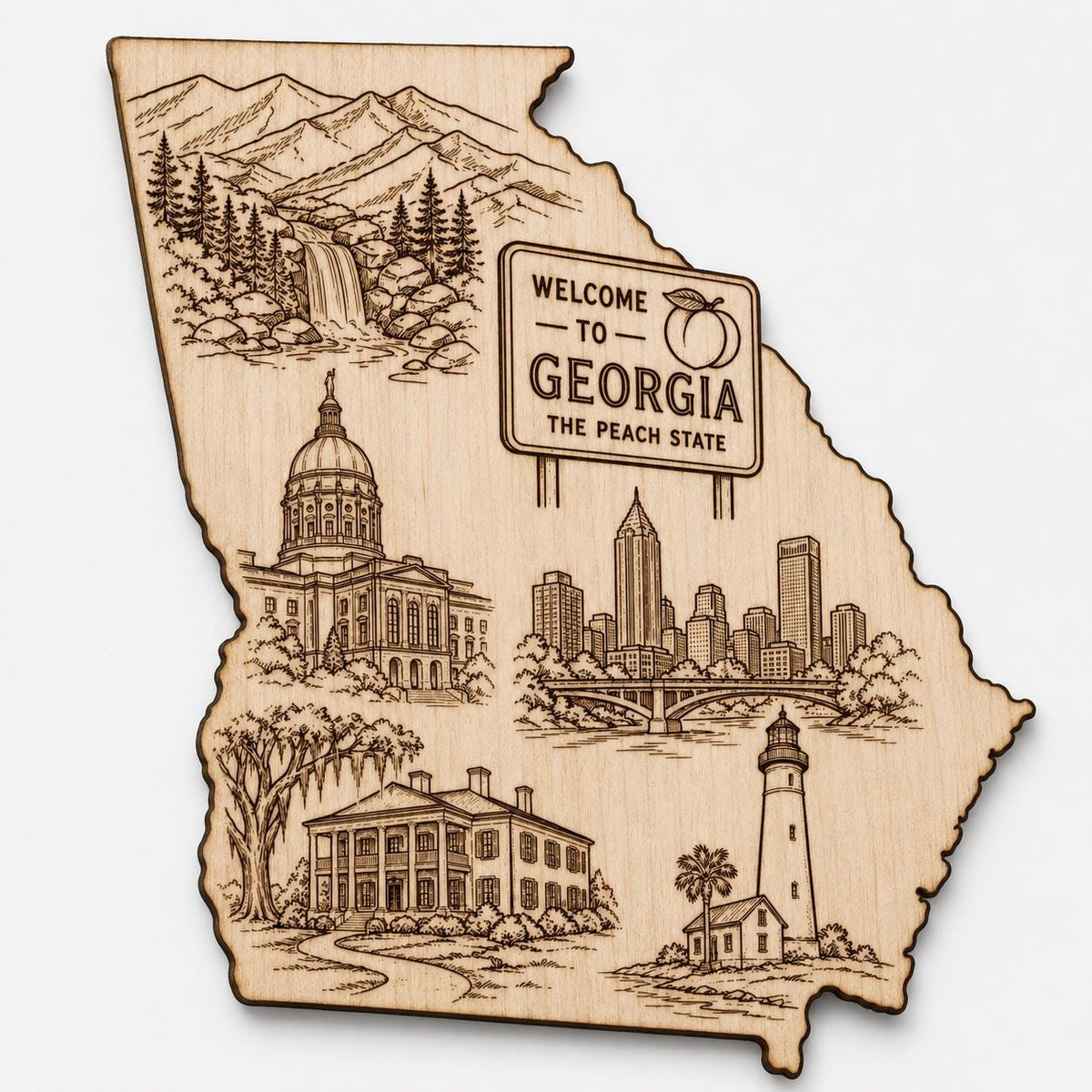 Front close-up of Engraved Birch Wood Georgia State Wall Art Peach State Outline Plaque Southern Home Decor, showing dark engraving on natural birch wood.