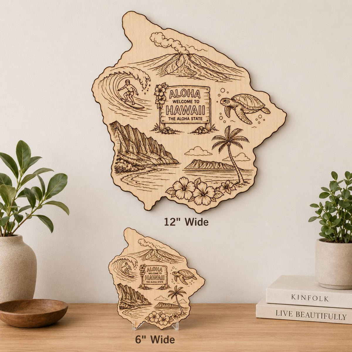 Additional view of Hawaii Wood Wall Art Aloha State Engraved Birch Sign Hawaiian Island Decor With Stand, showing the natural birch grain and engraved artwork.