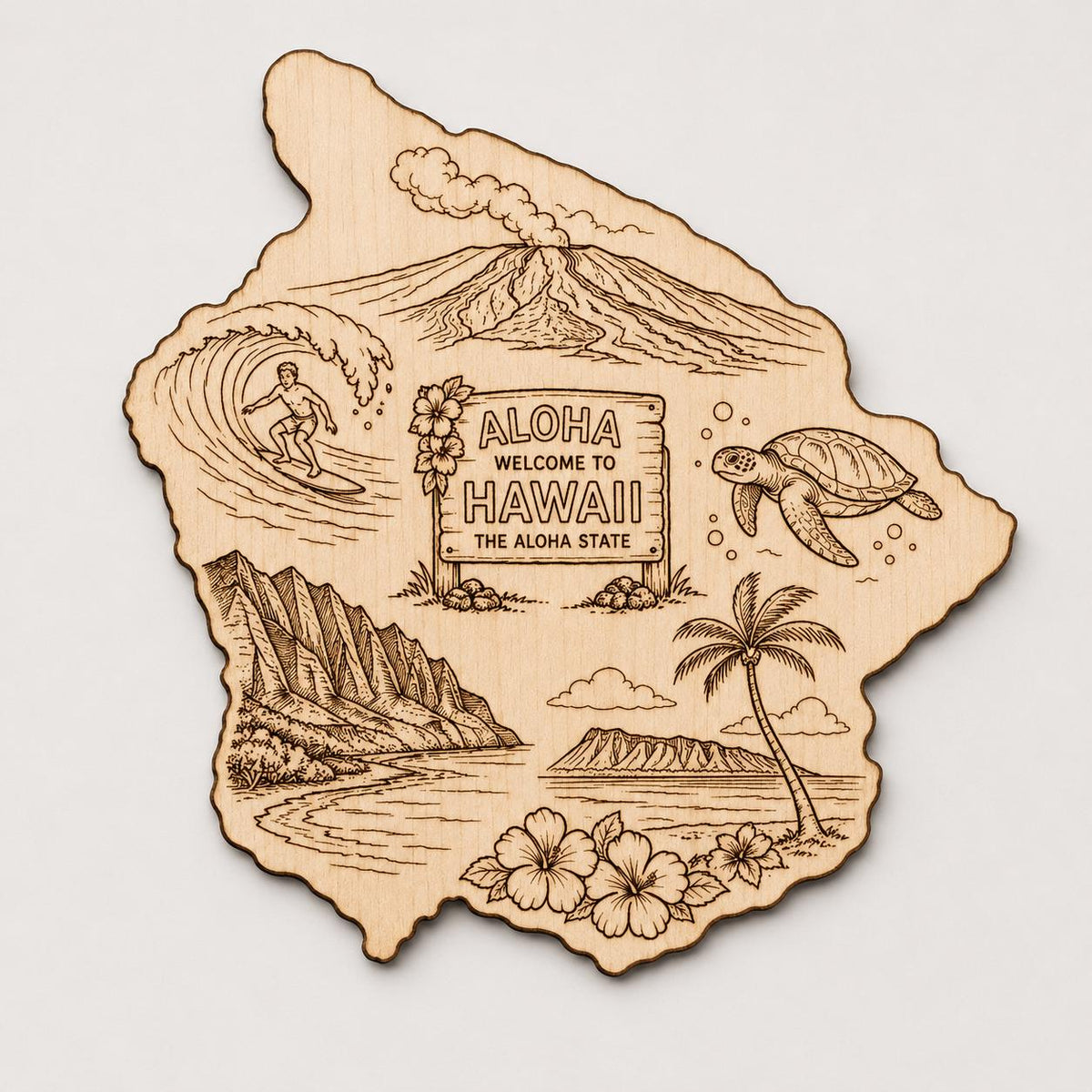 Front close-up of Hawaii Wood Wall Art Aloha State Engraved Birch Sign Hawaiian Island Decor With Stand, showing dark engraving on natural birch wood.