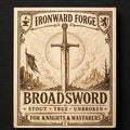 Fantasy Broadsword Wall Art, Medieval Sword Engraved Birch Sign, Knight Decor With Stand, shown in the main close-up listing view with its overall design visible.